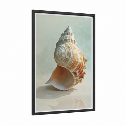 Spiral Seashell framed art print — black wood frame — peach and cream palette