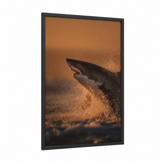 Golden Breach Shark framed great white shark print — black wood frame — gold and black palette
