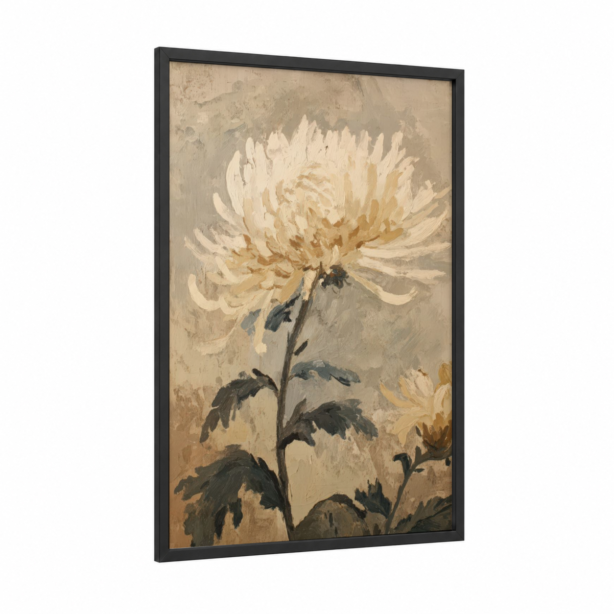 Cream Chrysanthemum framed art print — black wood frame — cream and beige palette