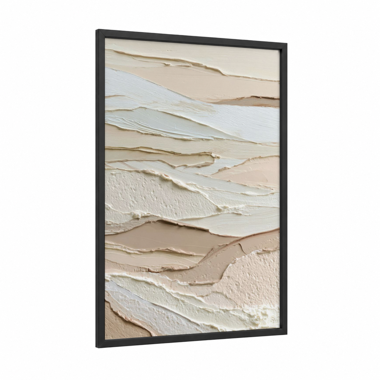 Neutral Texture Layers framed abstract minimalist print — black wood frame — beige and cream palette