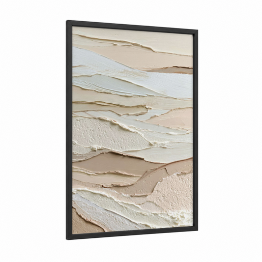 Neutral Texture Layers framed abstract minimalist print — black wood frame — beige and cream palette