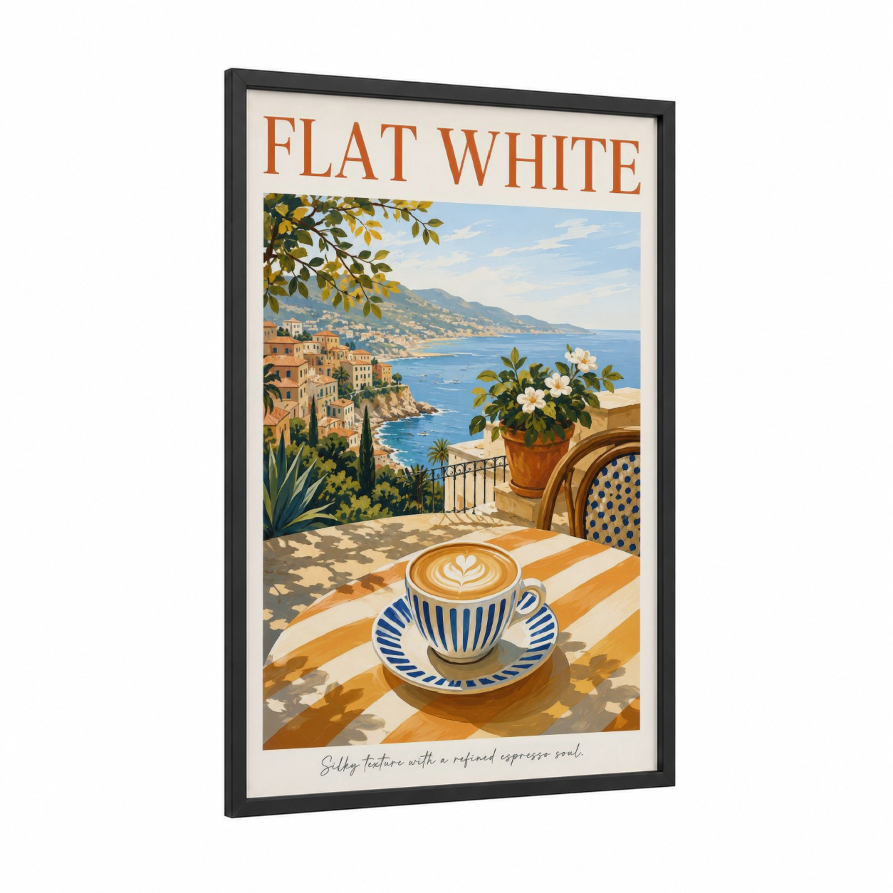 Mediterranean Coastal Coffee Terrace Wall Art framed art print — black wood frame — blue and beige palette
