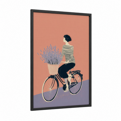 Lavender Cyclist framed art for girl print — black wood frame — peach and lavender palette
