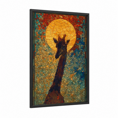 Sunset Giraffe framed art print — black wood frame — gold and teal palette