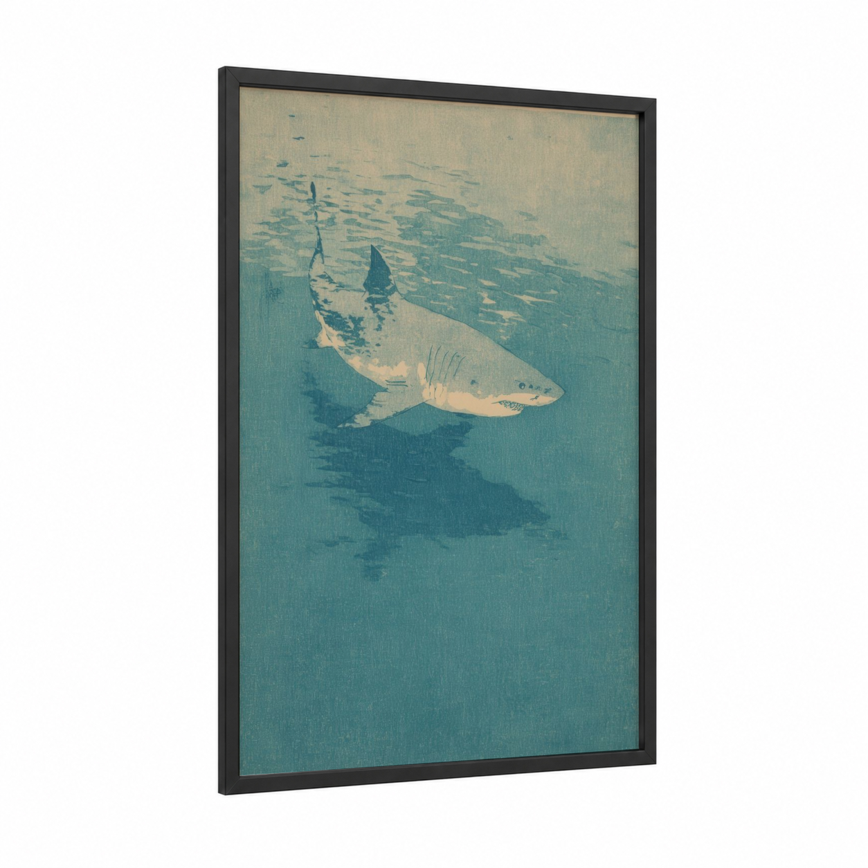 Underwater Shark framed great white shark print — black wood frame — teal and cream palette