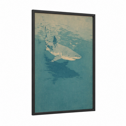 Underwater Shark framed great white shark print — black wood frame — teal and cream palette
