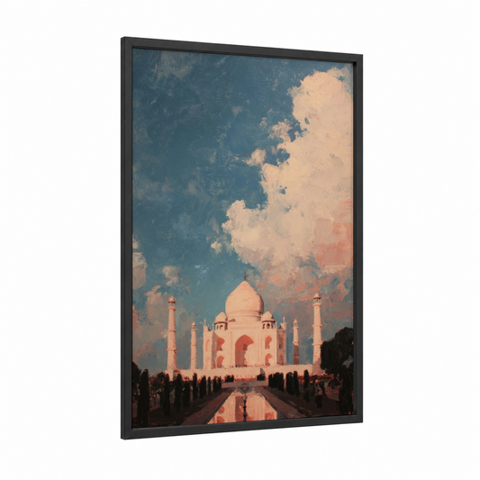 Taj Mahal Sunset framed art print — black wood frame — peach and blue palette