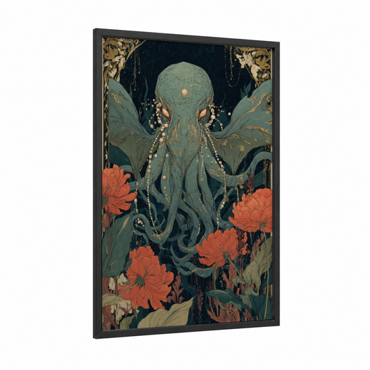 Jeweled Cthulhu framed art print — black wood frame — teal and gold palette