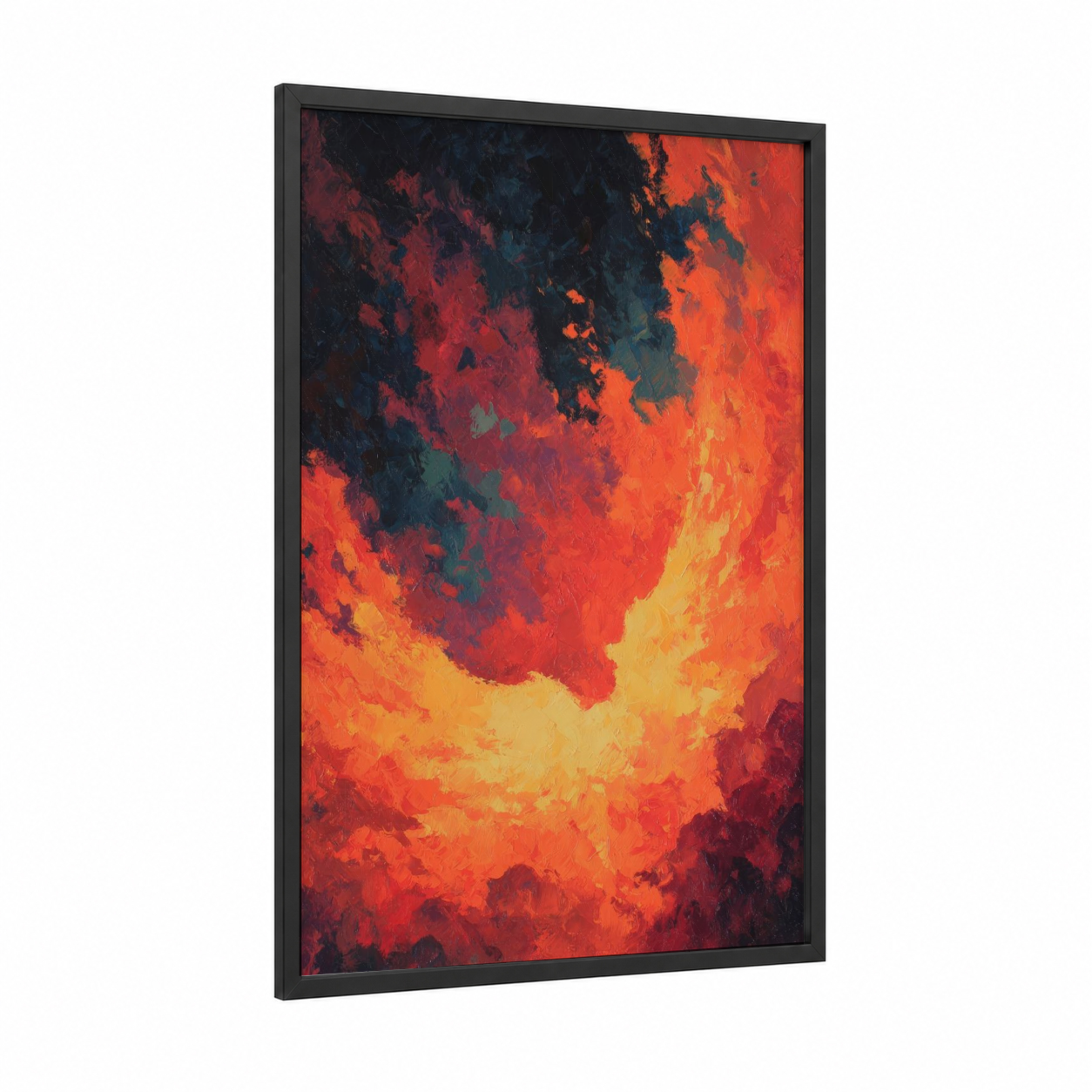 Crimson Nebula Burst framed art print — black wood frame — red and orange palette