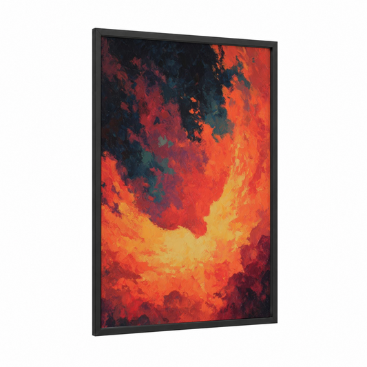 Crimson Nebula Burst framed art print — black wood frame — red and orange palette