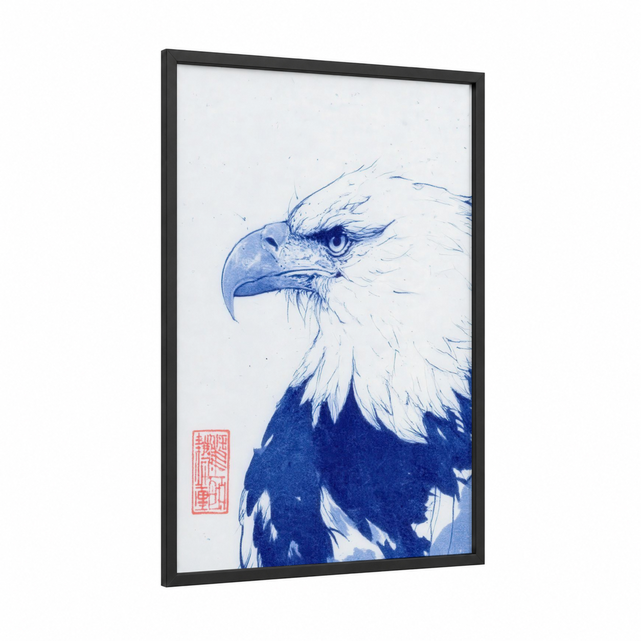 Blue Eagle Portrait framed art print — black wood frame — blue and white palette