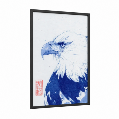 Blue Eagle Portrait framed art print — black wood frame — blue and white palette