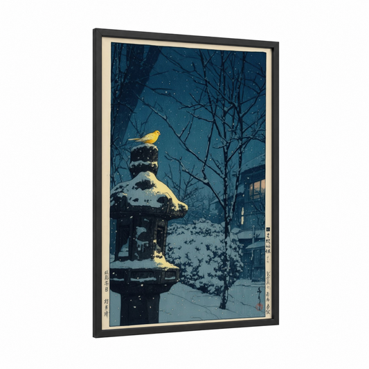 Winter Canary framed canaries print — black wood frame — dark blue and gold palette