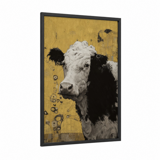 Golden Hereford framed hereford cow print — black wood frame — gold and black and white palette