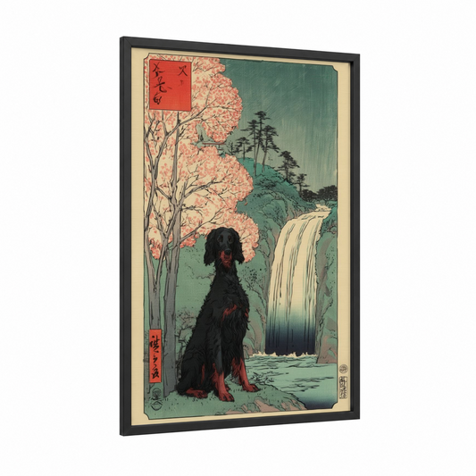 Waterfall Setter framed art print — black wood frame — teal and cream palette