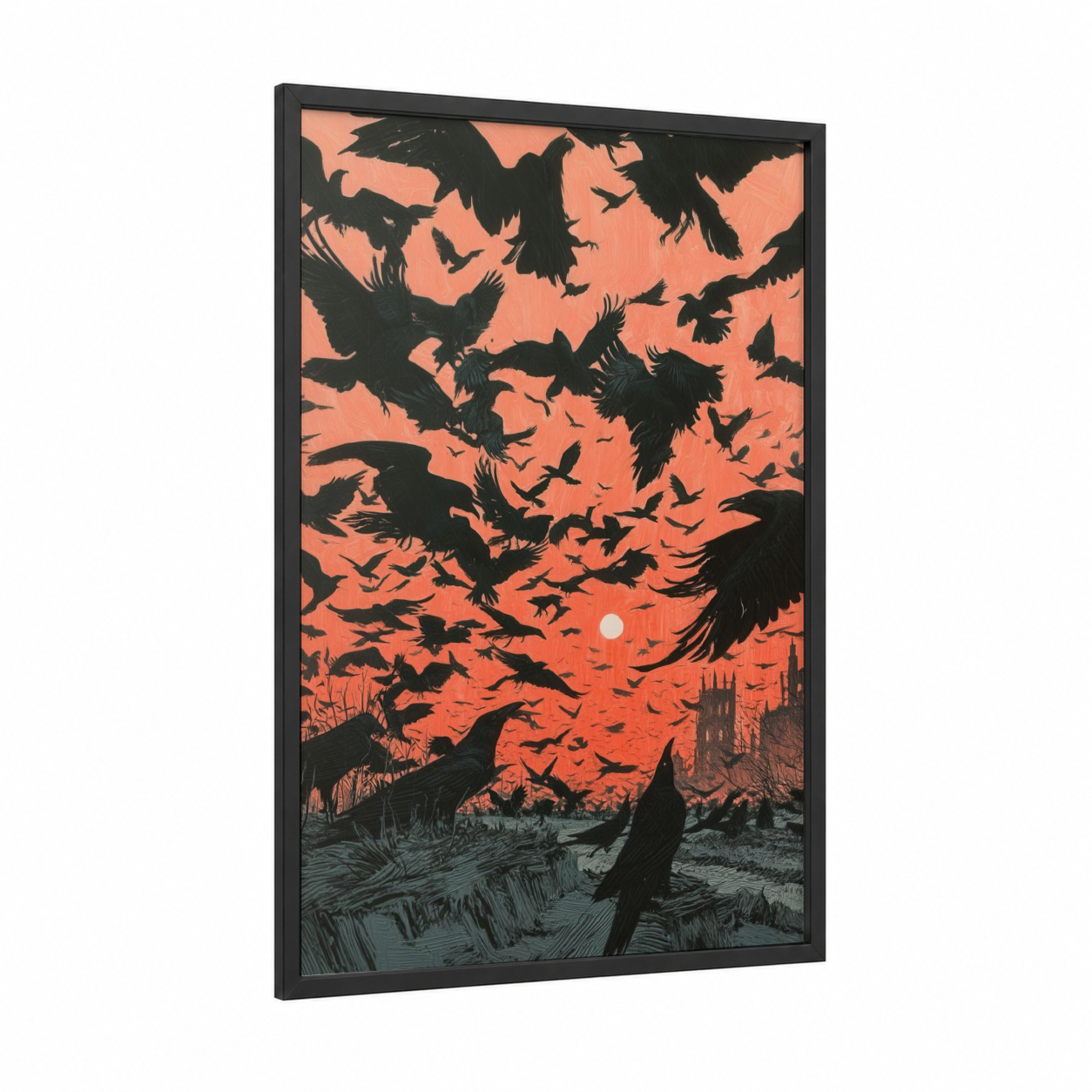 Crimson Raven Flock framed crows and ravens print — black wood frame — red and black palette