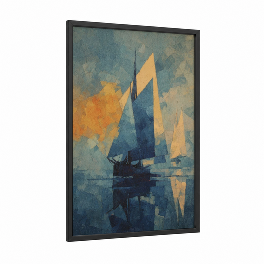 Golden Sail Serenity framed sailing ship print — black wood frame — blue and gold and gray and yellow palette