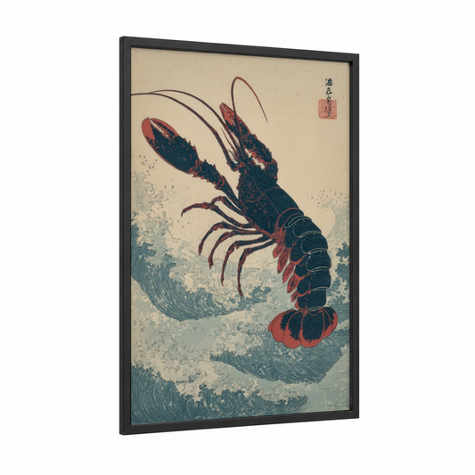 Crimson Lobster Wave framed art print — black wood frame — red and teal palette