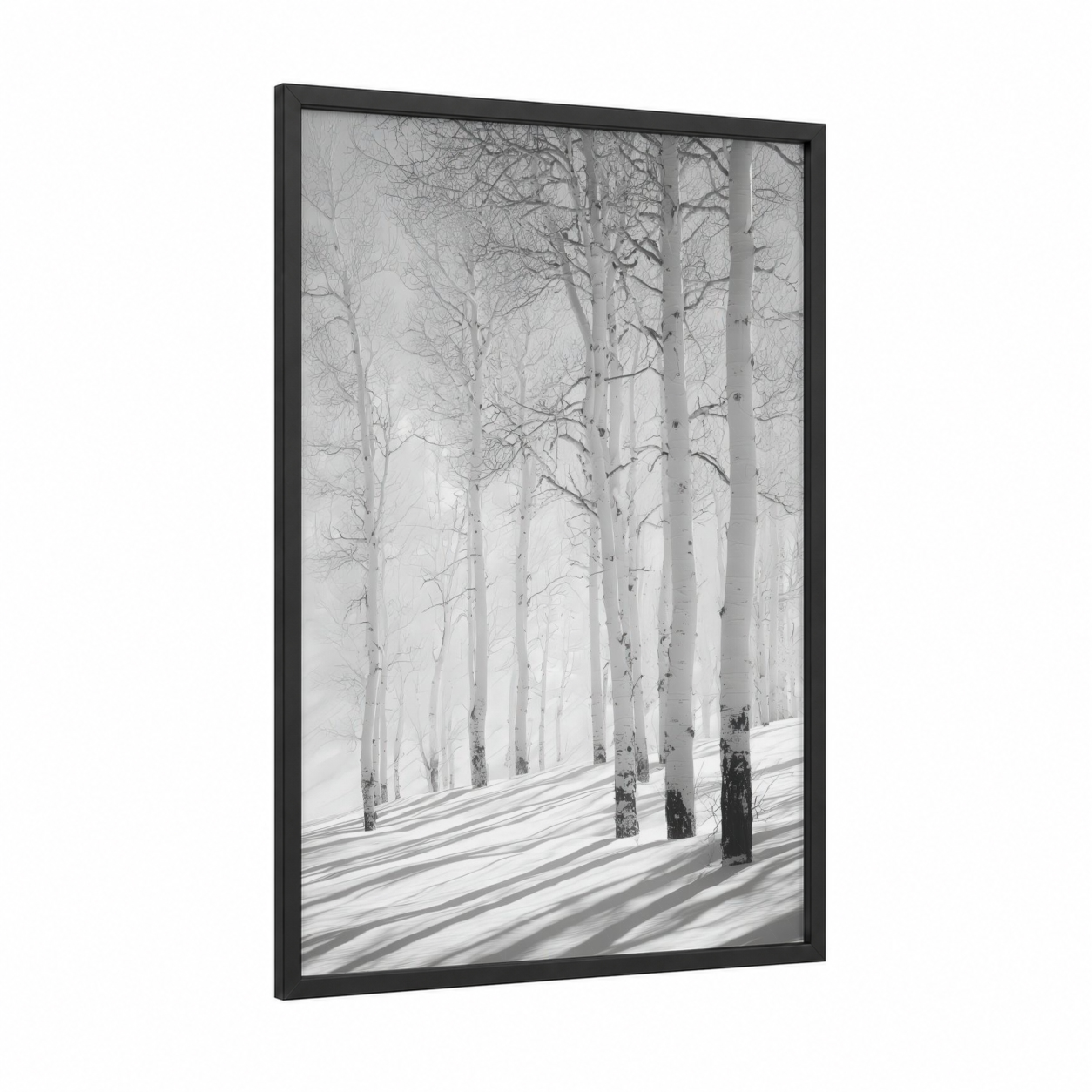 Snowy Aspen Forest framed art print — black wood frame — black and white and gray palette