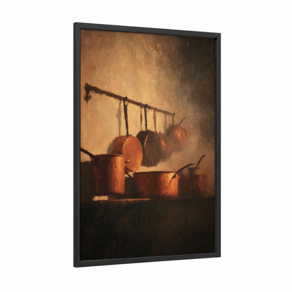 Rustic Cookware Still Life framed kitchen utensils print — black wood frame — gold and brown palette