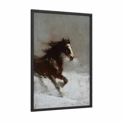 Snowy Clydesdale framed clydesdale horse print — black wood frame — brown and white palette