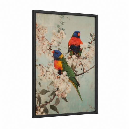 Rainbow Lorikeets Perched framed art print — black wood frame — blue and cream palette