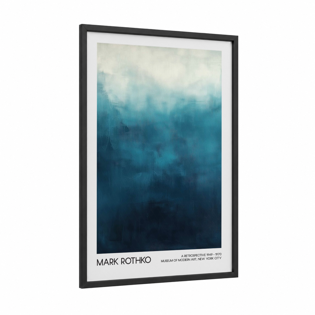 Misty Abstraction framed abstract classic print — black wood frame — blue and white palette