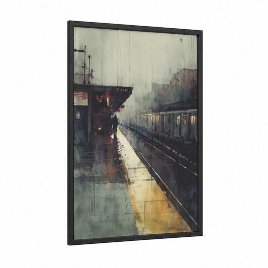 Rainy Subway Platform framed art print — black wood frame — gray and cream palette