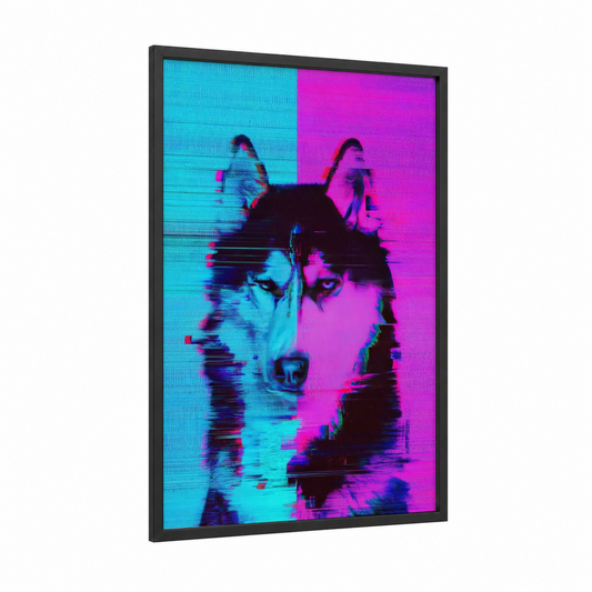 Neon Husky Portrait framed art print — black wood frame — blue and magenta palette