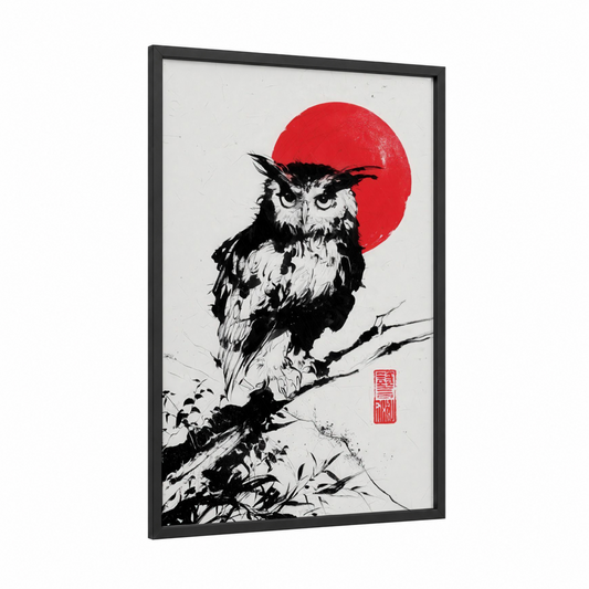 Red Moon Owl framed art print — black wood frame — black and white and red palette