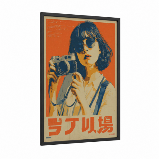Vintage Camera Girl framed vintage japanese ads print — black wood frame — orange and blue palette
