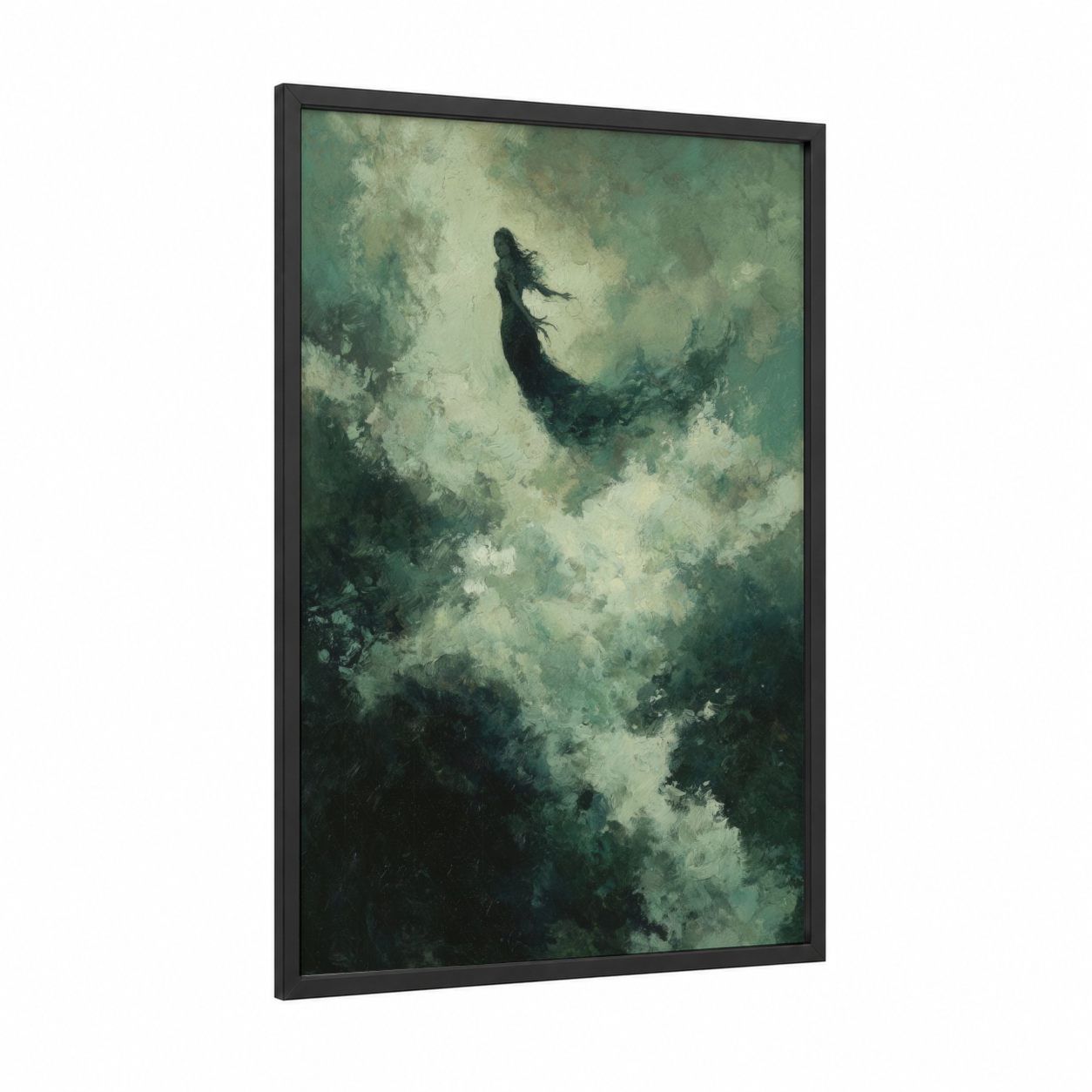 Ethereal Mermaid framed art print — black wood frame — sage green and cream palette