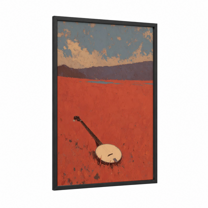 Desert Banjo framed art print — black wood frame — red and peach palette