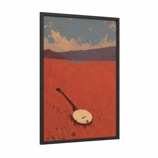 Desert Banjo framed art print — black wood frame — red and peach palette