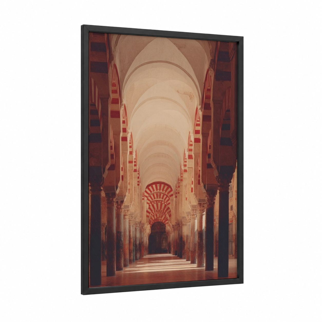 Striped Arches framed islam print — black wood frame — red and cream palette