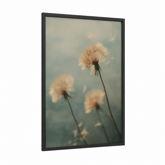 Dreamy Dandelion framed art print — black wood frame — peach and bermuda gray palette