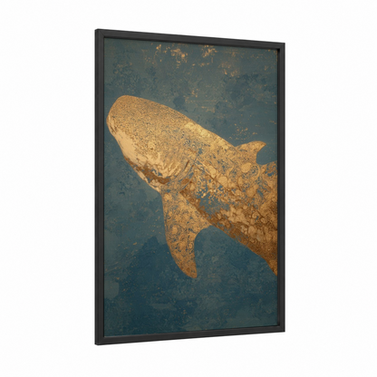 Golden Whale Shark framed art print — black wood frame — gold and blue palette