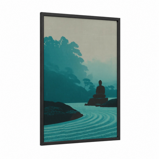 Meditative Zen framed buddhism print — black wood frame — teal and gray palette