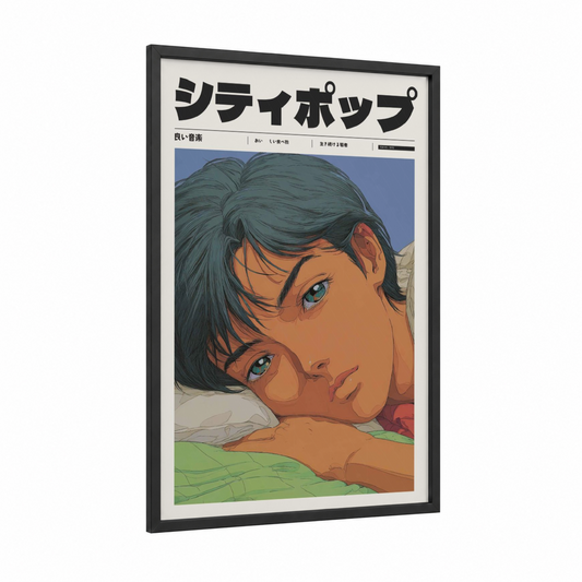 Dreamy Contemplation framed anime and manga print — black wood frame — blue and peach palette