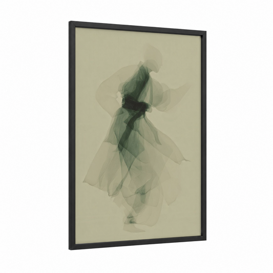 Flowing Taekwondo Warrior framed art print — black wood frame — sage green and cream palette