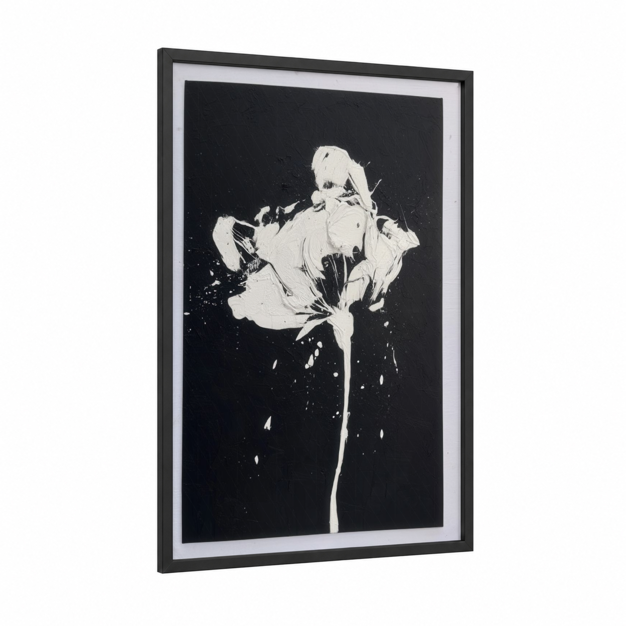 Monochrome Blossom framed abstract flower print — black wood frame — black and white palette