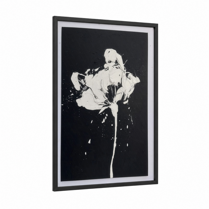 Monochrome Blossom framed abstract flower print — black wood frame — black and white palette