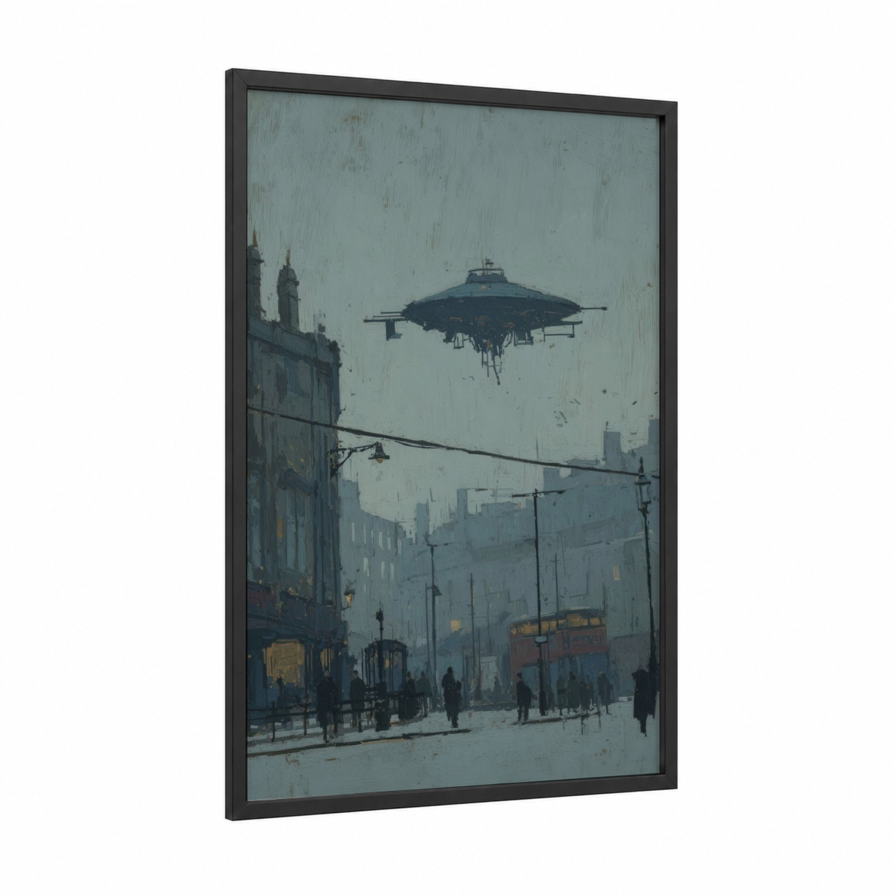 Urban UFO Invasion framed art print — black wood frame — gray and dove gray palette