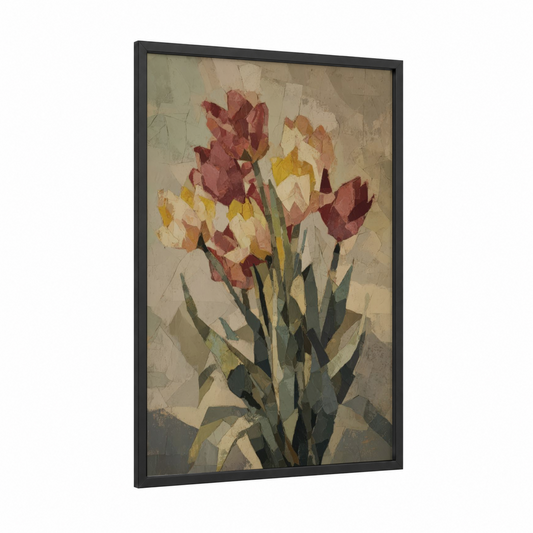 Autumn Tulip Bouquet framed art print — black wood frame — peach and maroon palette
