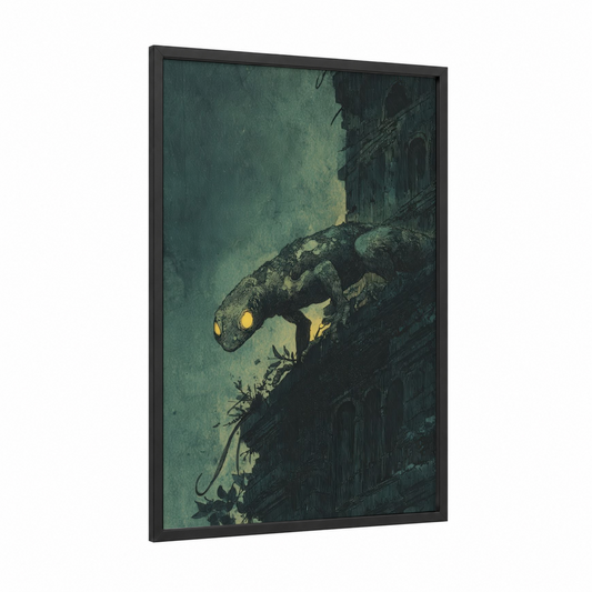 Nocturnal Basilisk framed art print — black wood frame — teal and black palette