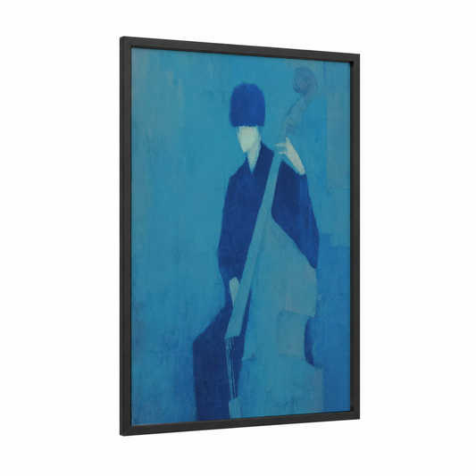 Jazz Cellist framed art print — black wood frame — blue and blue and white palette