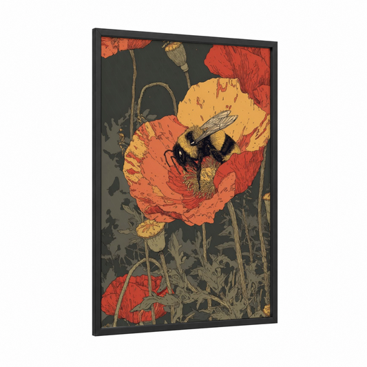 Poppy Pollinator framed bee print — black wood frame — red and gold palette