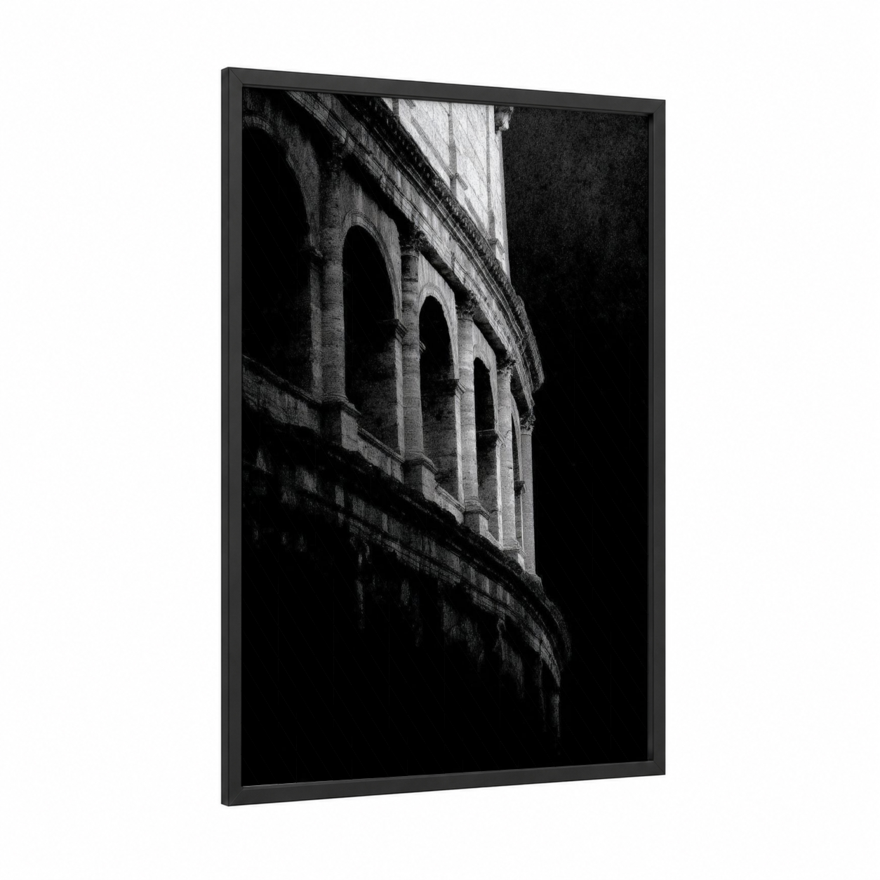 Ancient Colosseum framed art print — black wood frame — black and white and gray palette