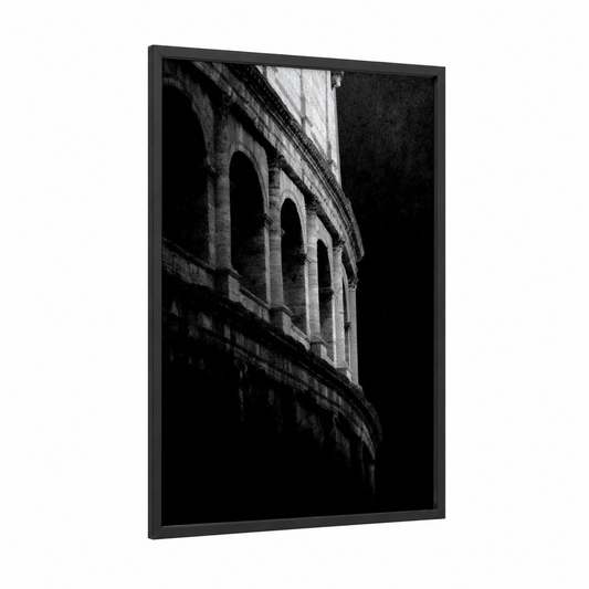 Ancient Colosseum framed art print — black wood frame — black and white and gray palette