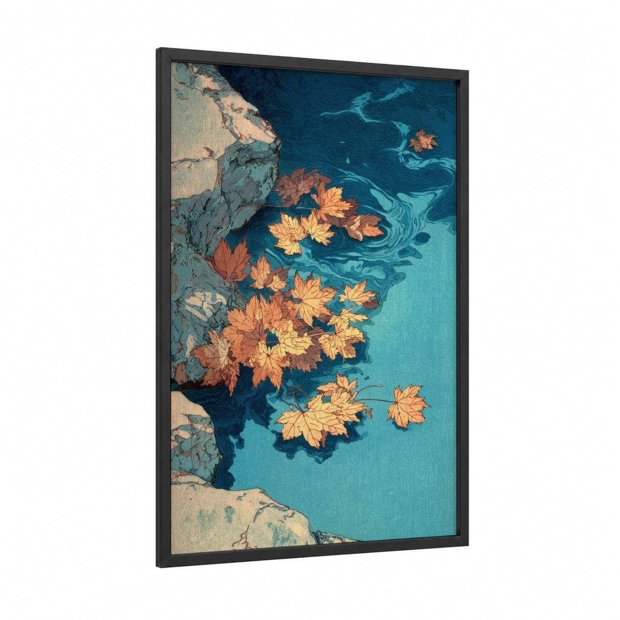 Autumn Leaves Floating framed leaf print — black wood frame — teal and gold and pink palette